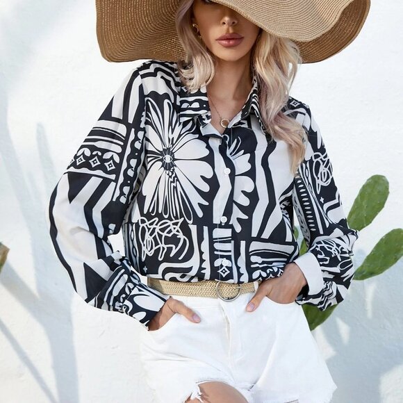 Boho Geo Print Button Front Shirt Black And White - Picture 1 of 5